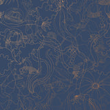 Underwater World (Deep Blue) features a yet delicate pattern of fish and seaweed in metallic copper on blue