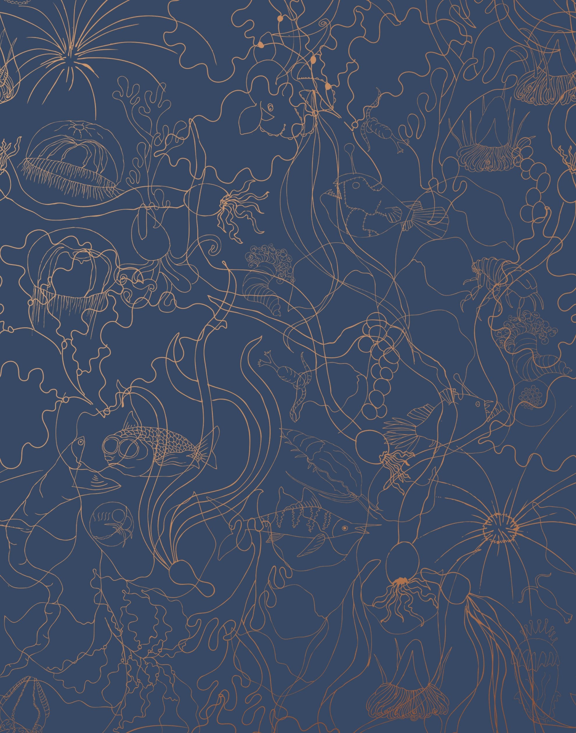 Underwater World (Deep Blue) features a yet delicate pattern of fish and seaweed in metallic copper on blue