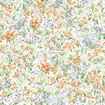 Summer (Bluebell) wallpaper features loose brushstrokes that capture the movement of wild flowers and grasses swaying in the breeze. Orange, blue, purple, and green watercolored flora on a white background | Hygge & West