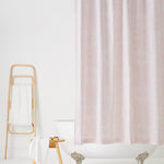 Andanza Shower Curtain featuring a delicate pattern created using a stippling technique in rose pink on white
