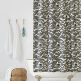 Amity Sunset (Ink) Shower Curtain with dark blue and cream illustrations depicts scenes from the iconic movie Jaws and was created in collaboration with Universal | Hygge & West