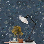 Cascade Meadow (Midnight) featuring hand drawn flowers in shades of navy, blue and green on a deep blue background | Schoolhouse x Hygge & West Wallpaper Collection