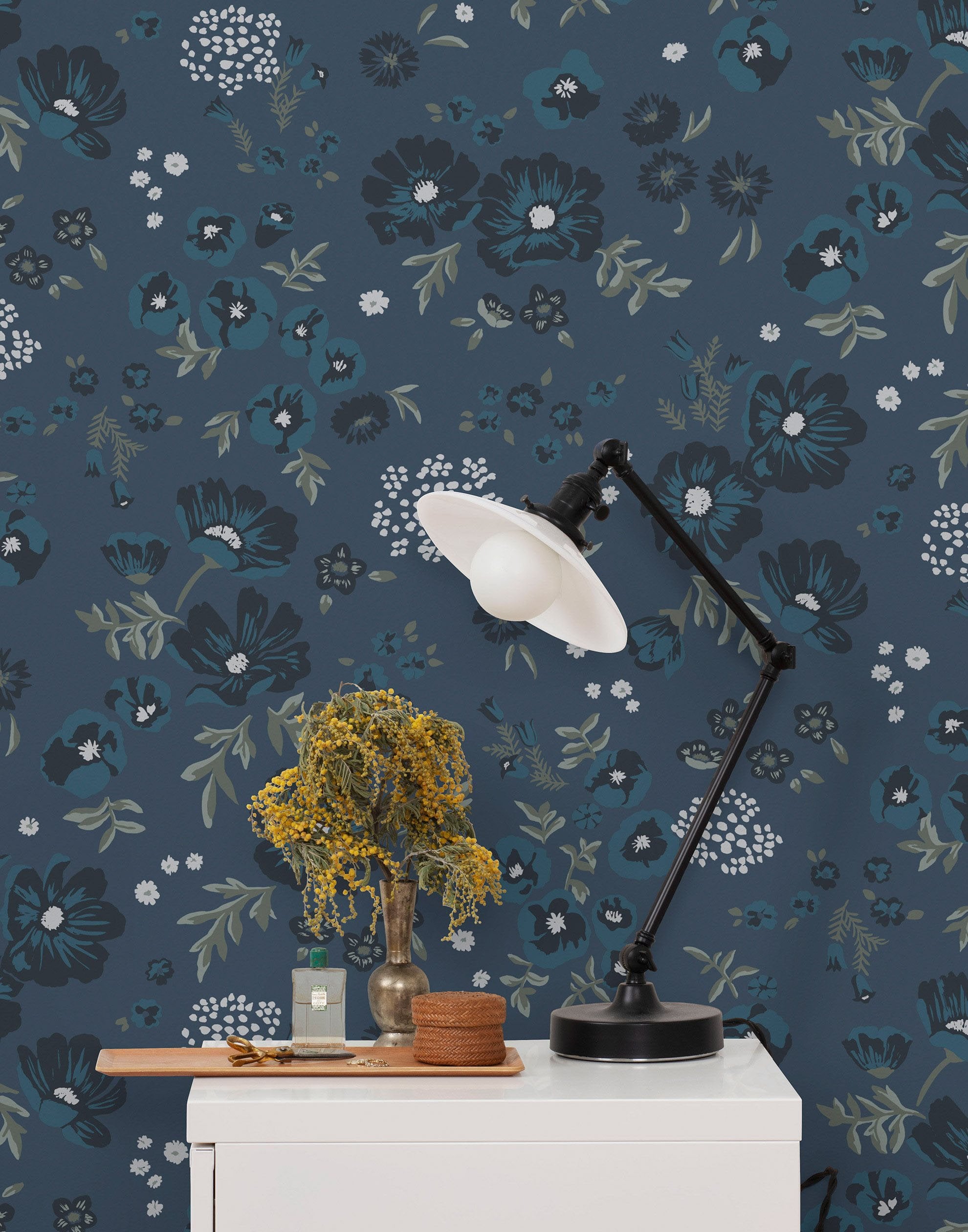 Cascade Meadow (Midnight) featuring hand drawn flowers in shades of navy, blue and green on a deep blue background | Schoolhouse x Hygge & West Wallpaper Collection