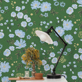 Cascade Meadow (Juniper) featuring hand drawn flowers in light blue and yellow on a green background | Schoolhouse x Hygge & West