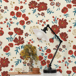 Cascade Meadow (Primary) featuring hand drawn flowers in shades of red and green on a cream background | Schoolhouse x Hygge & West Wallpaper Collection