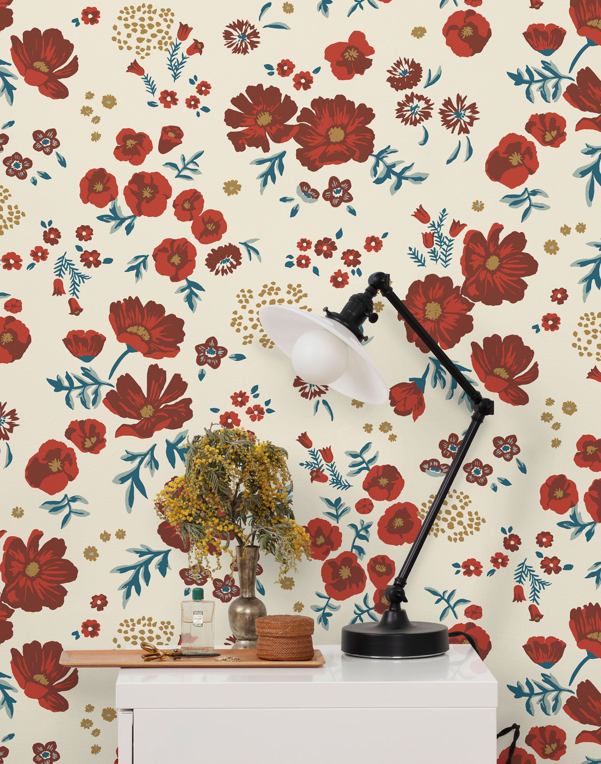 Cascade Meadow (Primary) featuring hand drawn flowers in shades of red and green on a cream background | Schoolhouse x Hygge & West Wallpaper Collection