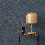 Alpine Garden Tonal (Midnight) featuring hand drawn flowers in metallic gold on a deep blue background | Schoolhouse x Hygge & West Wallpaper Collection