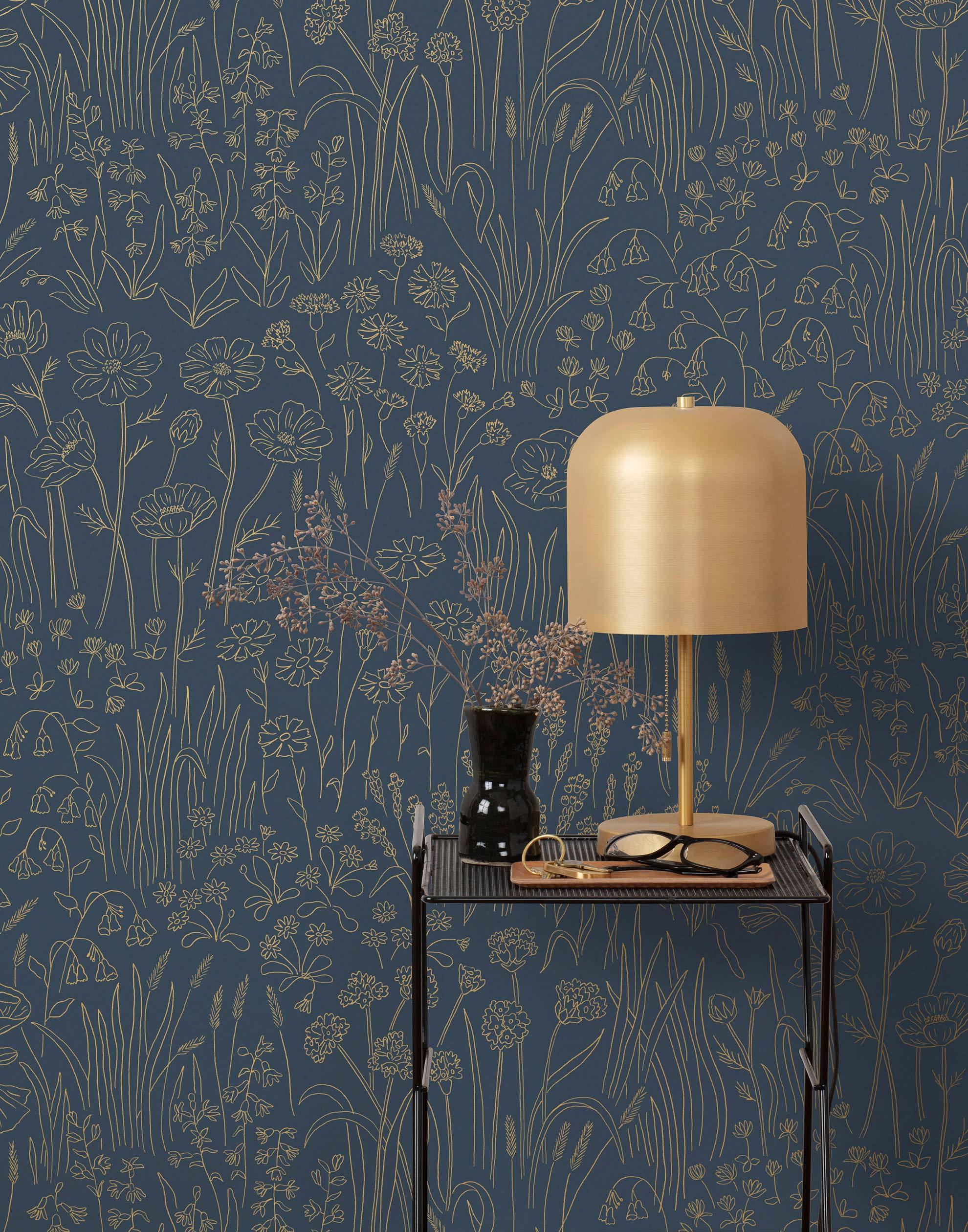 Alpine Garden Tonal (Midnight) featuring hand drawn flowers in metallic gold on a deep blue background | Schoolhouse x Hygge & West Wallpaper Collection