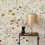 Alpine Garden Multi (Primary) featuring hand drawn flowers in red, blue and mustard yellow on an off white background | Schoolhouse x Hygge & West Walllpaper Collection