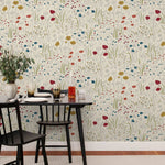 Alpine Garden Multi (Primary) featuring hand drawn flowers in red, blue and mustard yellow on an off white background | Schoolhouse x Hygge & West Walllpaper Collection