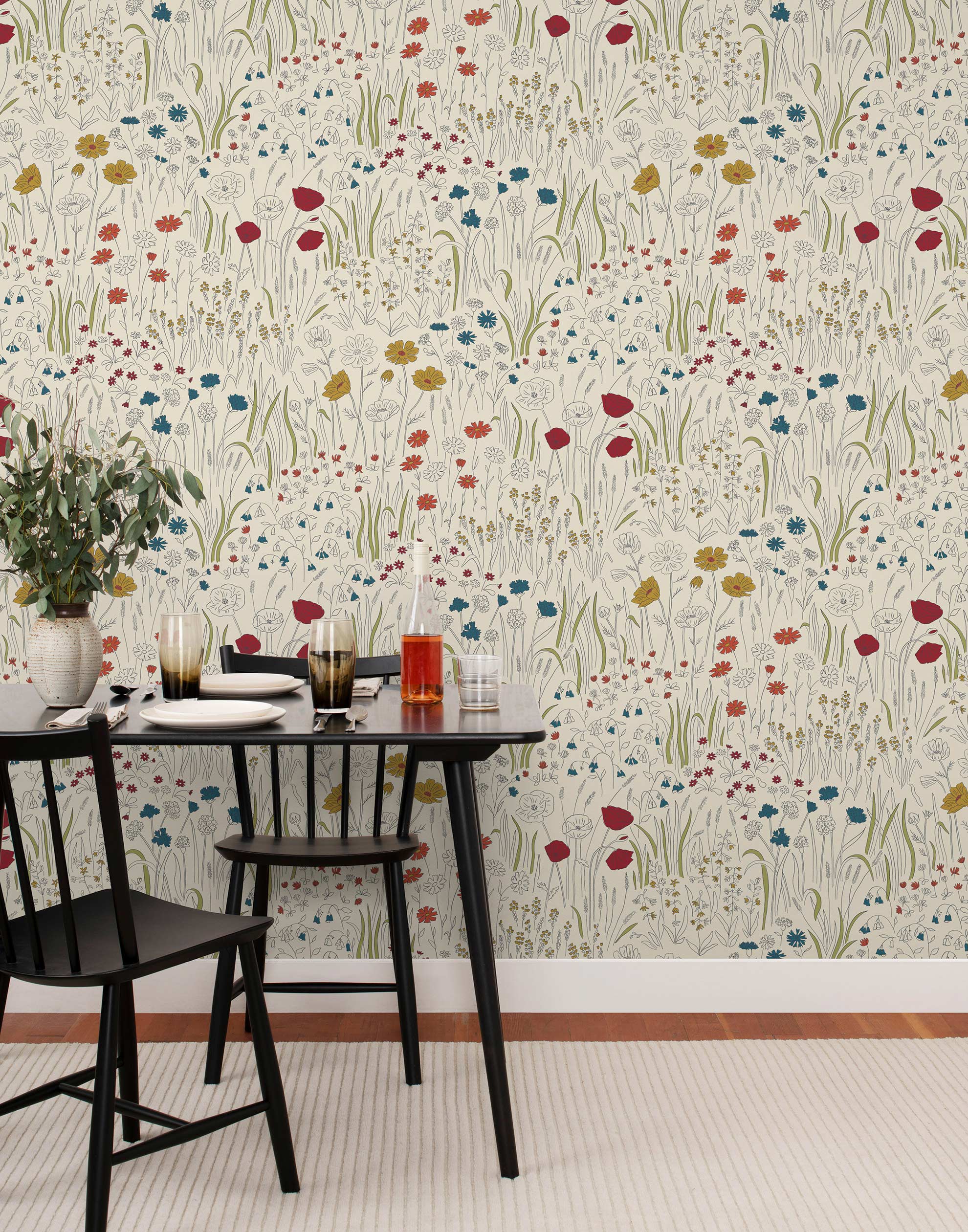 Alpine Garden Multi (Primary) featuring hand drawn flowers in red, blue and mustard yellow on an off white background | Schoolhouse x Hygge & West Walllpaper Collection
