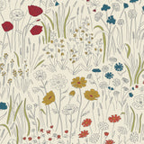Alpine Garden Multi (Primary) featuring hand drawn flowers in red, blue and mustard yellow on an off white background | Schoolhouse x Hygge & West Walllpaper Collection