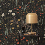 Alpine Garden Multi (Ebony) featuring hand drawn flowers in red, white and mustard yellow with metallic gold accents on a black background | Schoolhouse x Hygge & West Wallpaper Collection