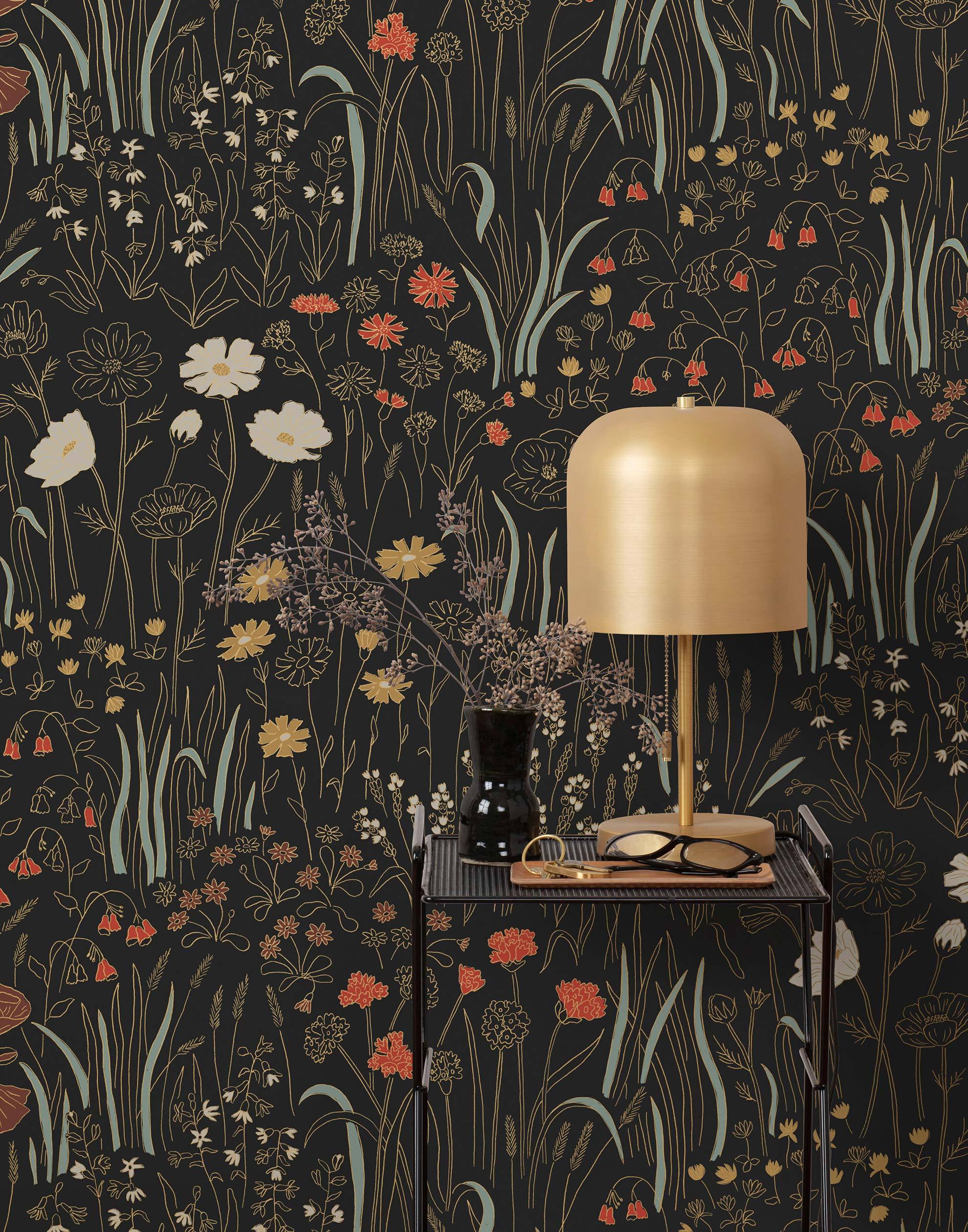 Alpine Garden Multi (Ebony) featuring hand drawn flowers in red, white and mustard yellow with metallic gold accents on a black background | Schoolhouse x Hygge & West Wallpaper Collection