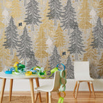 Be Good (Dusk) Wallpaper with gray and gold illustrations on a cream background depicts scenes from the iconic movie E.T. the Extra-Terrestrial and was created in collaboration with Universal | Hygge & West