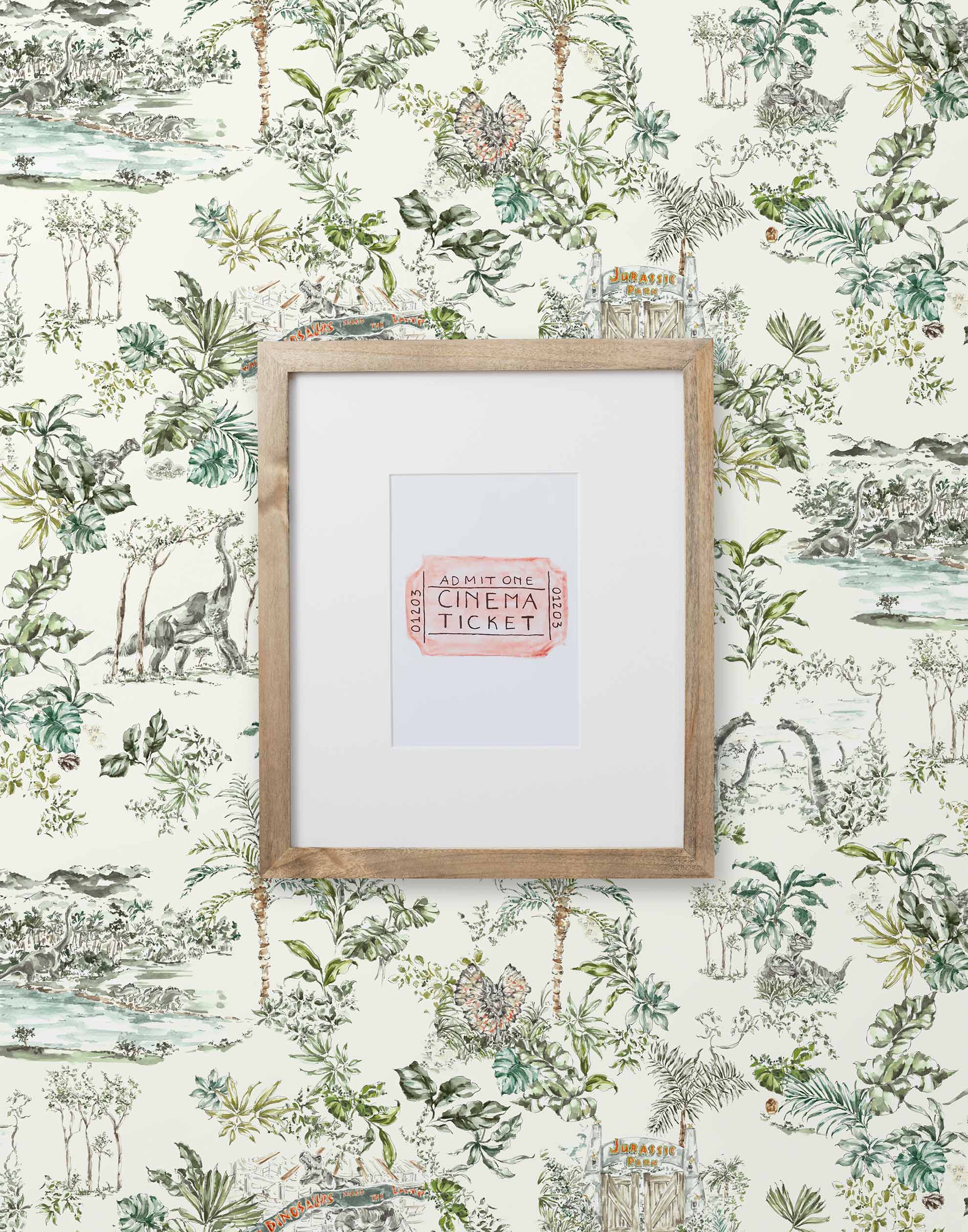 Dinosaur illustrated wallpaper inspired by the movie Jurassic Park | kids wallpaper | nursery wallpaper | off white background with brown and green illustrations