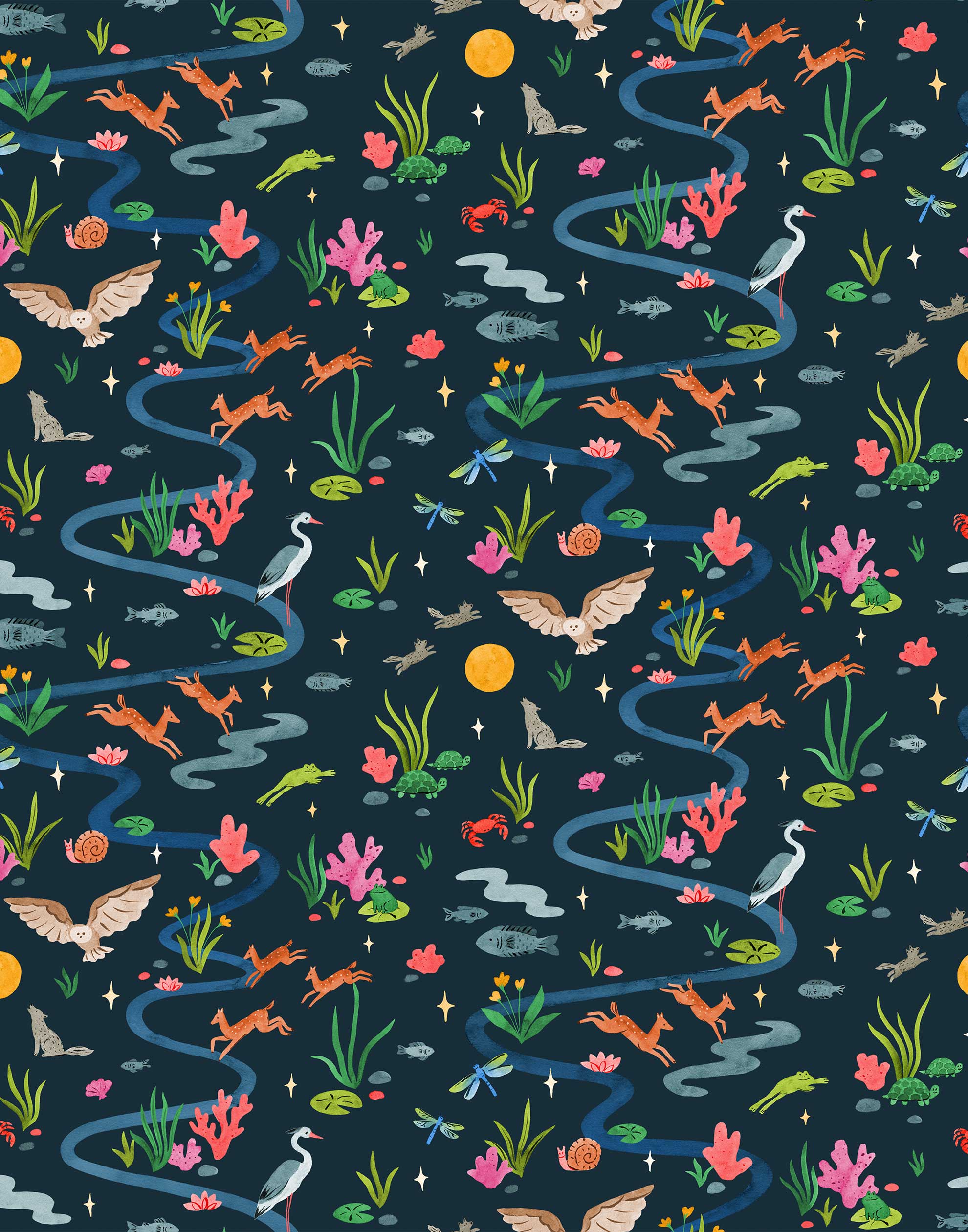 Space Owl (Midnight) wallpaper features wildlife, fauna and a flowing river | deep blue wallpaper with orange, white, brown, yellow, and green illustrations | designed by Vikki Chu
